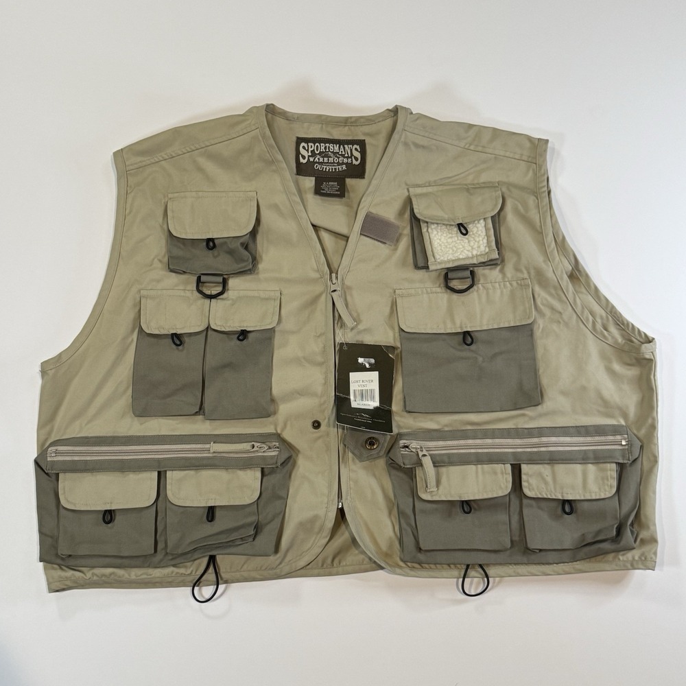 SPORTSMANS WAREHOUSE OUTFITTER Lost River Vest Mens XL Tan Green Utility Fishing